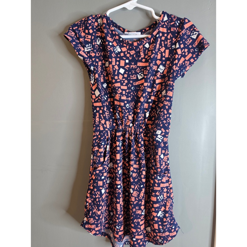 LuLaRoe Girls Navy Blue Orange Geometric Confetti Print Pocket Dress Size 4